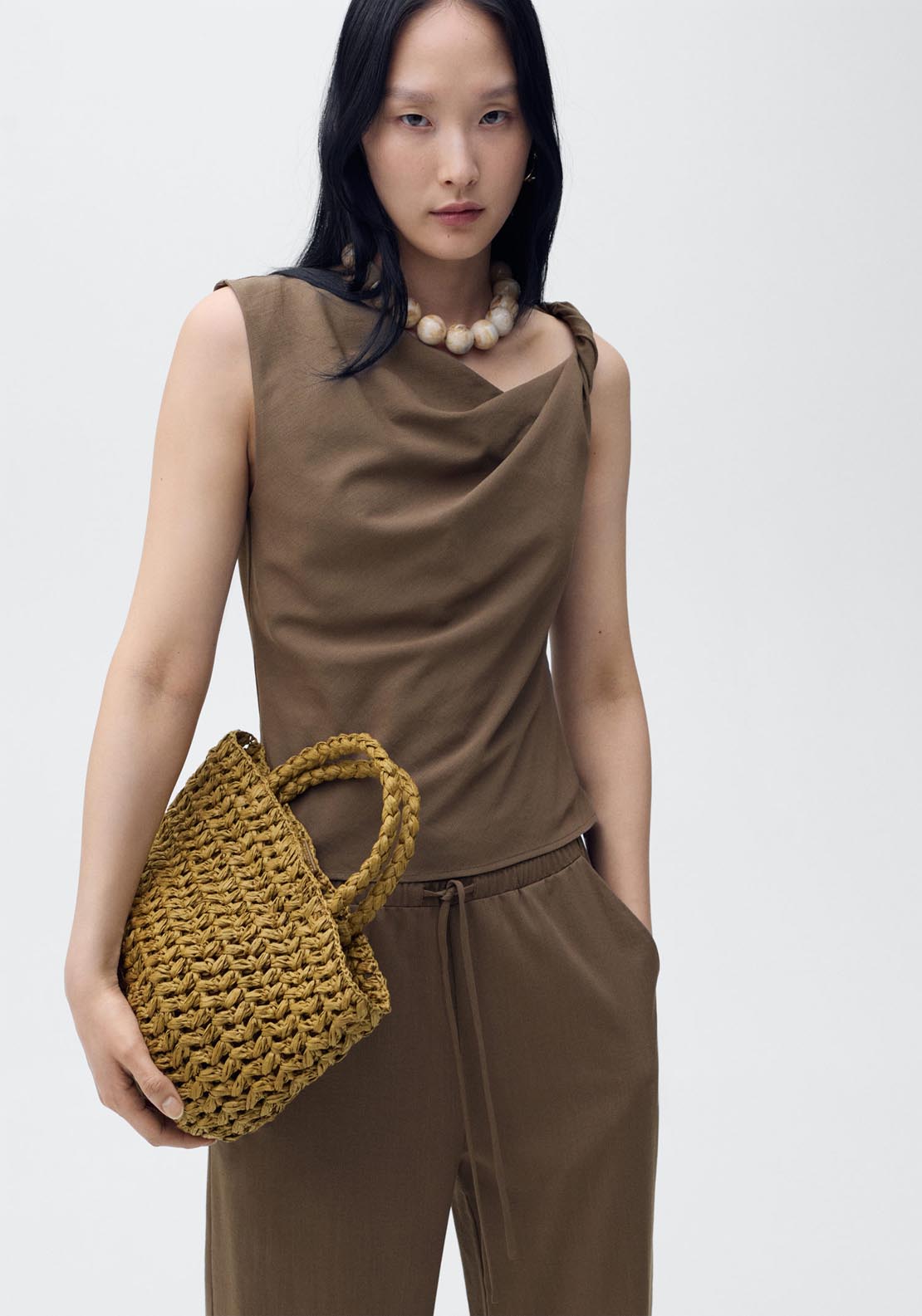 Mango Asymmetrical Draped Top With Straps - Brown 1 Shaws Department Stores