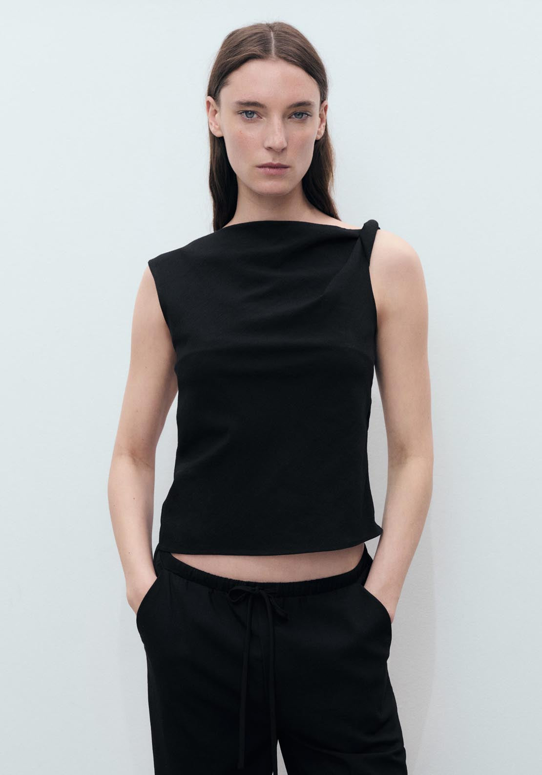 Mango Asymmetrical Draped Top With Straps - Black 1 Shaws Department Stores