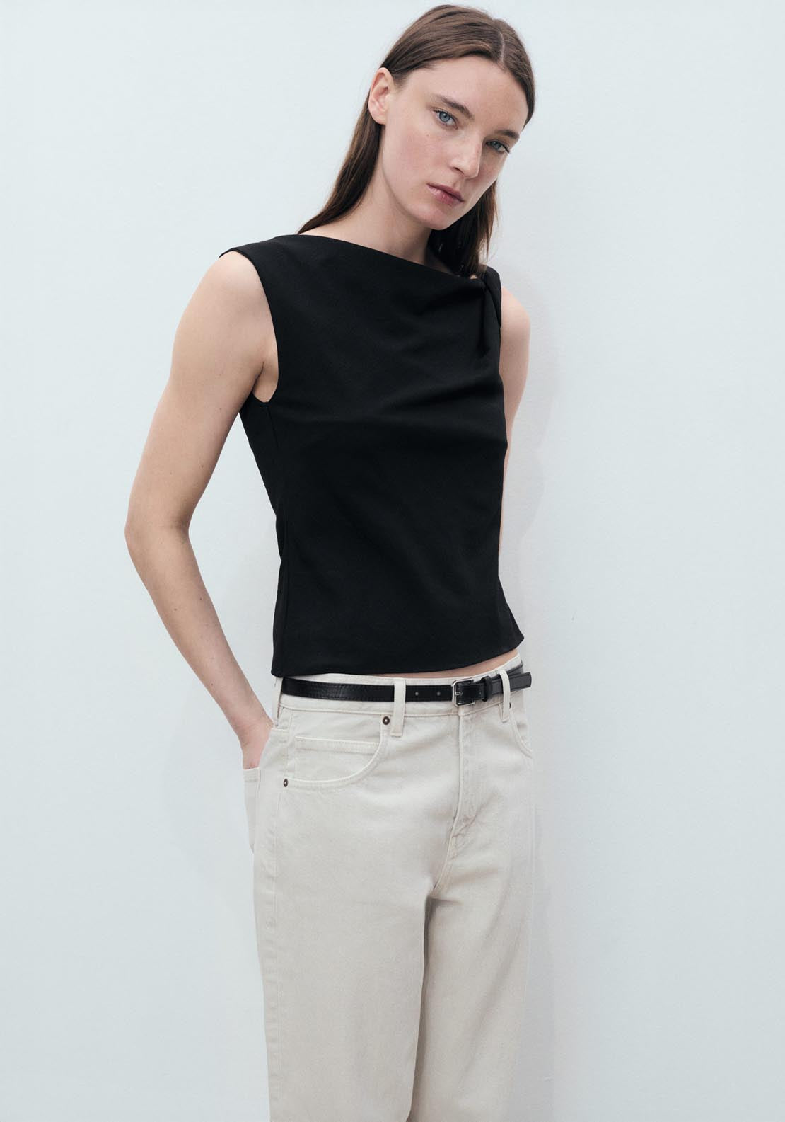 Mango Asymmetrical Draped Top With Straps - Black 3 Shaws Department Stores