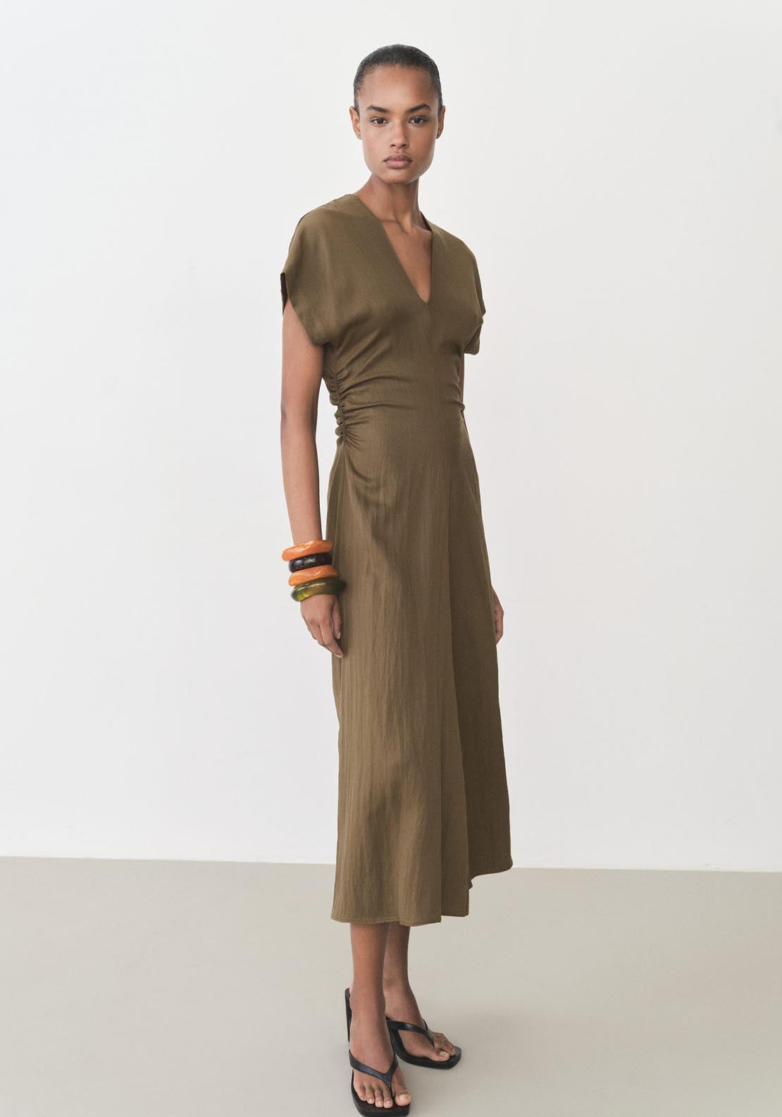 Mango Short Sleeve Dress With Draped Details - Medium Brown 2 Shaws Department Stores