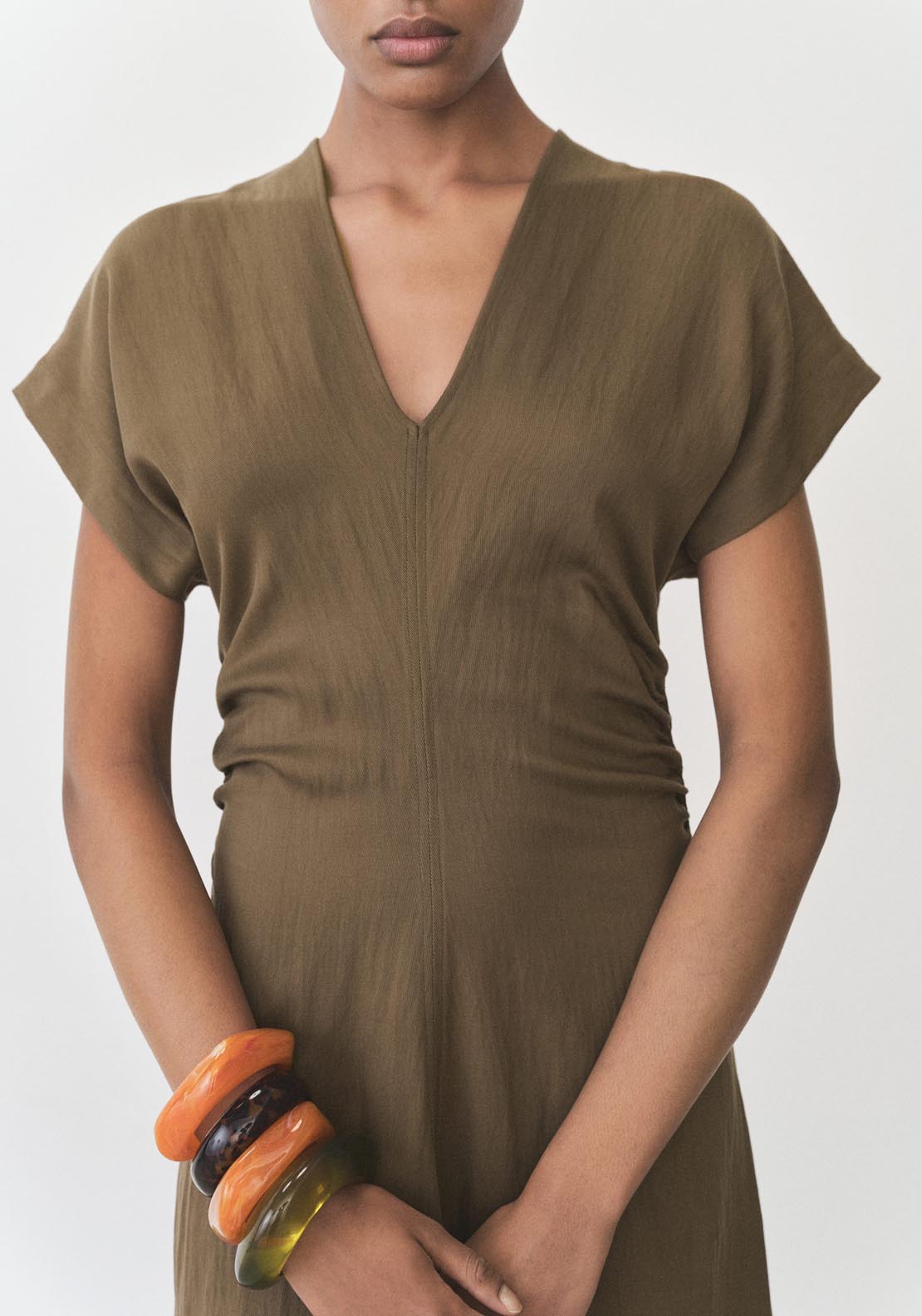 Mango Short Sleeve Dress With Draped Details - Medium Brown 5 Shaws Department Stores