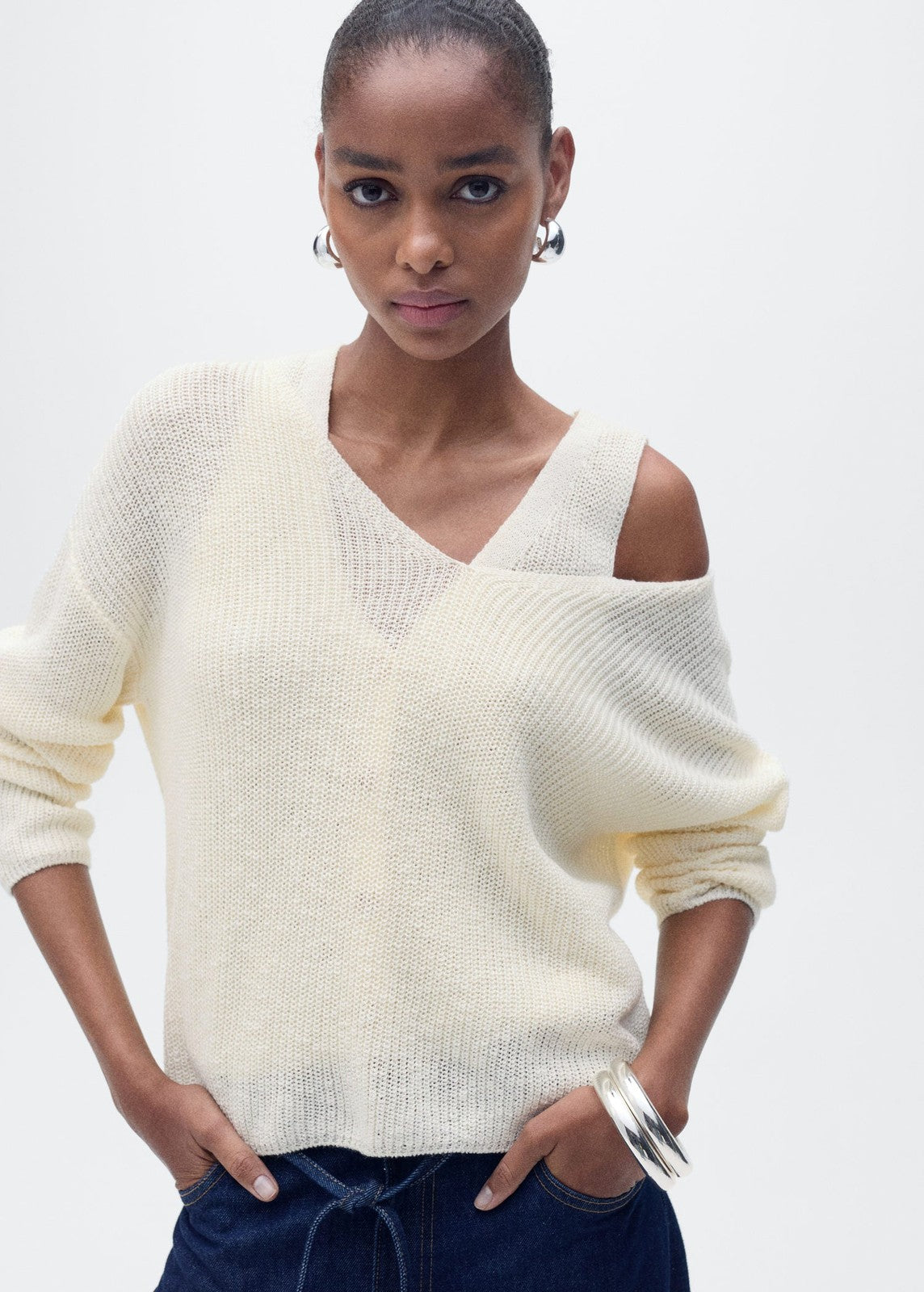 Mango V-neck knit sweater - Light Beige 1 Shaws Department Stores