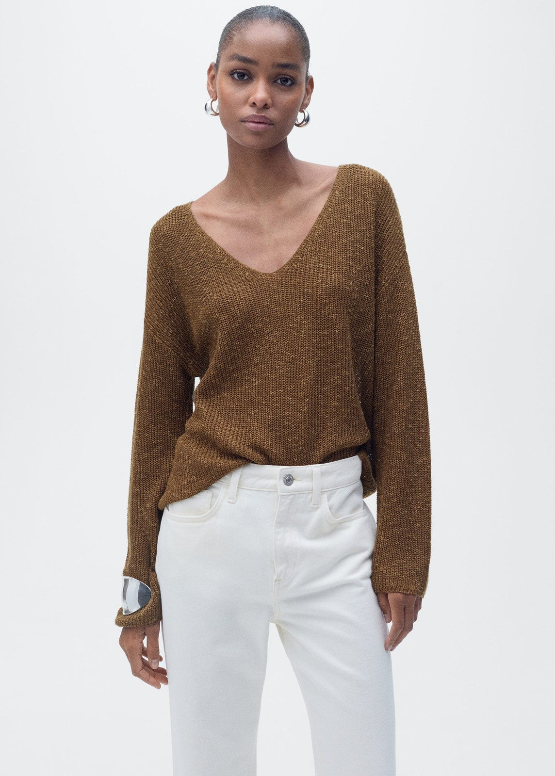 Mango V-neck knit sweater - Medium Brown 1 Shaws Department Stores