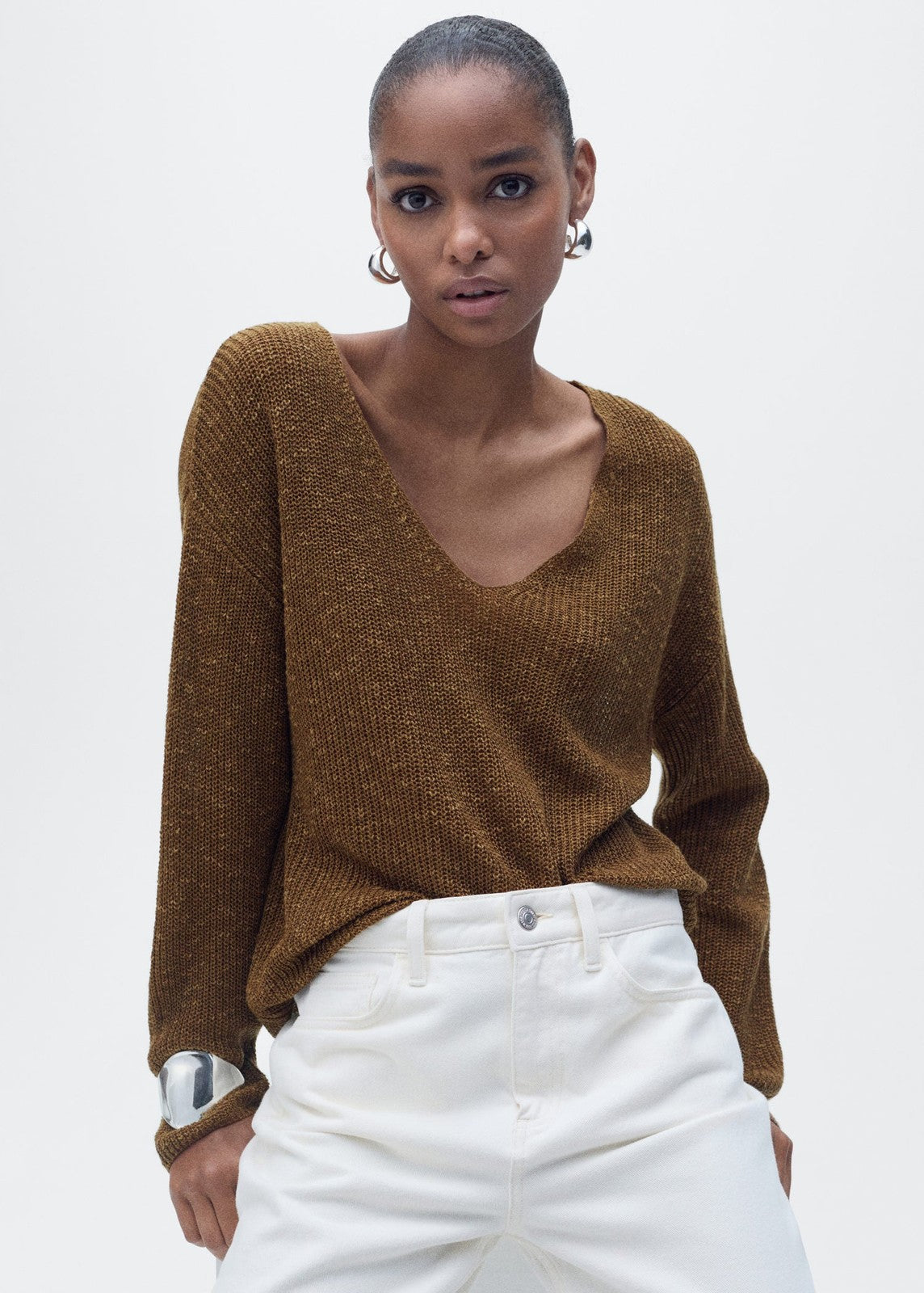 Mango V-neck knit sweater - Medium Brown 3 Shaws Department Stores
