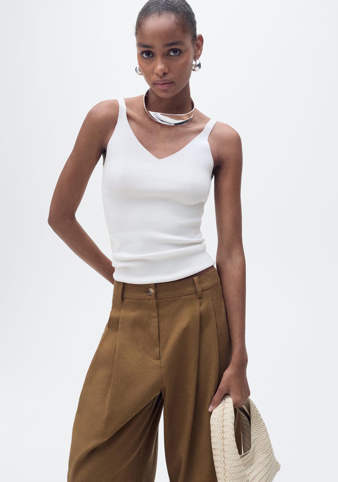 Mango V Neck Knit Top - Light Beige 1 Shaws Department Stores