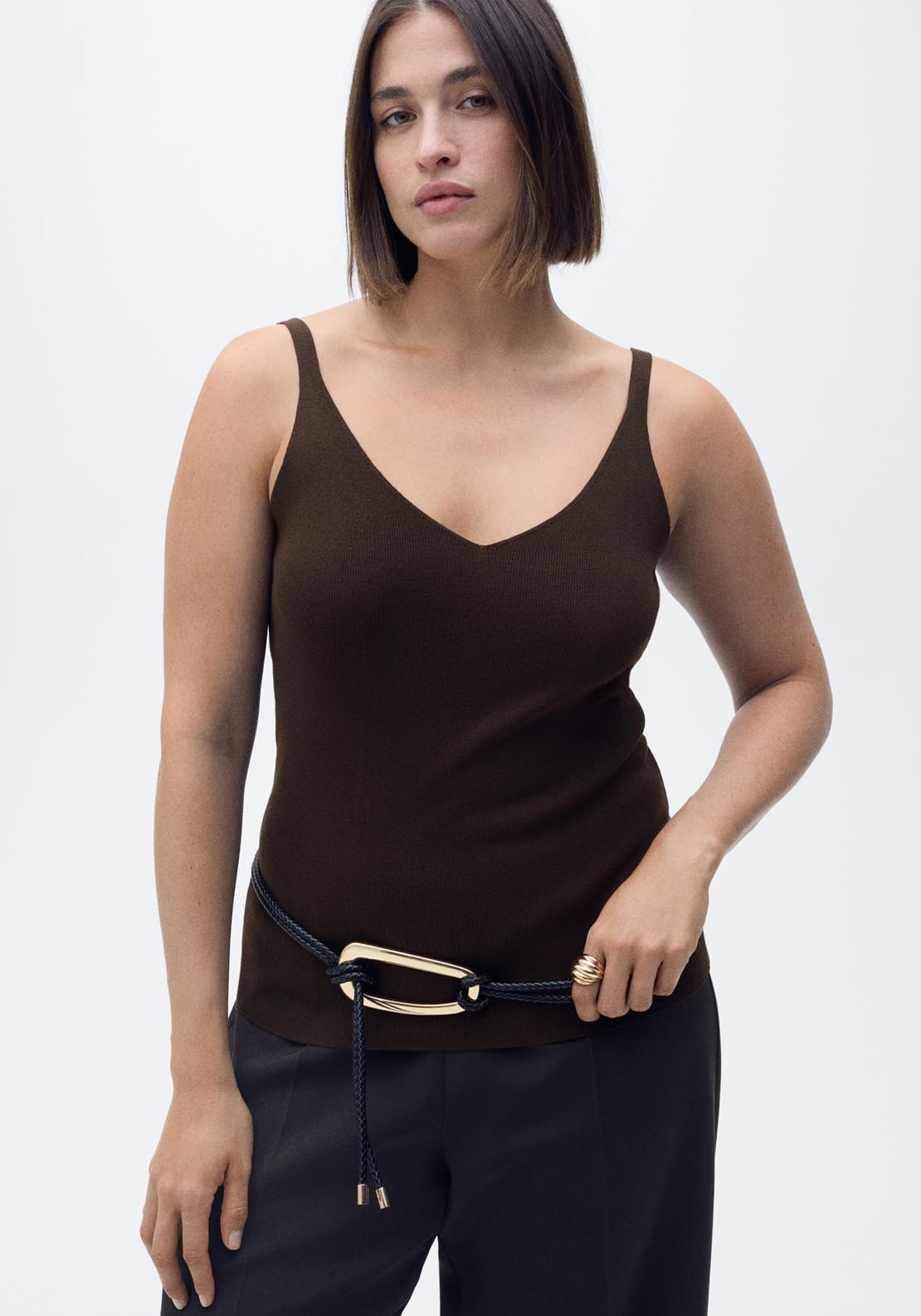 Mango V Neck Knit Top - Dark Brown 1 Shaws Department Stores
