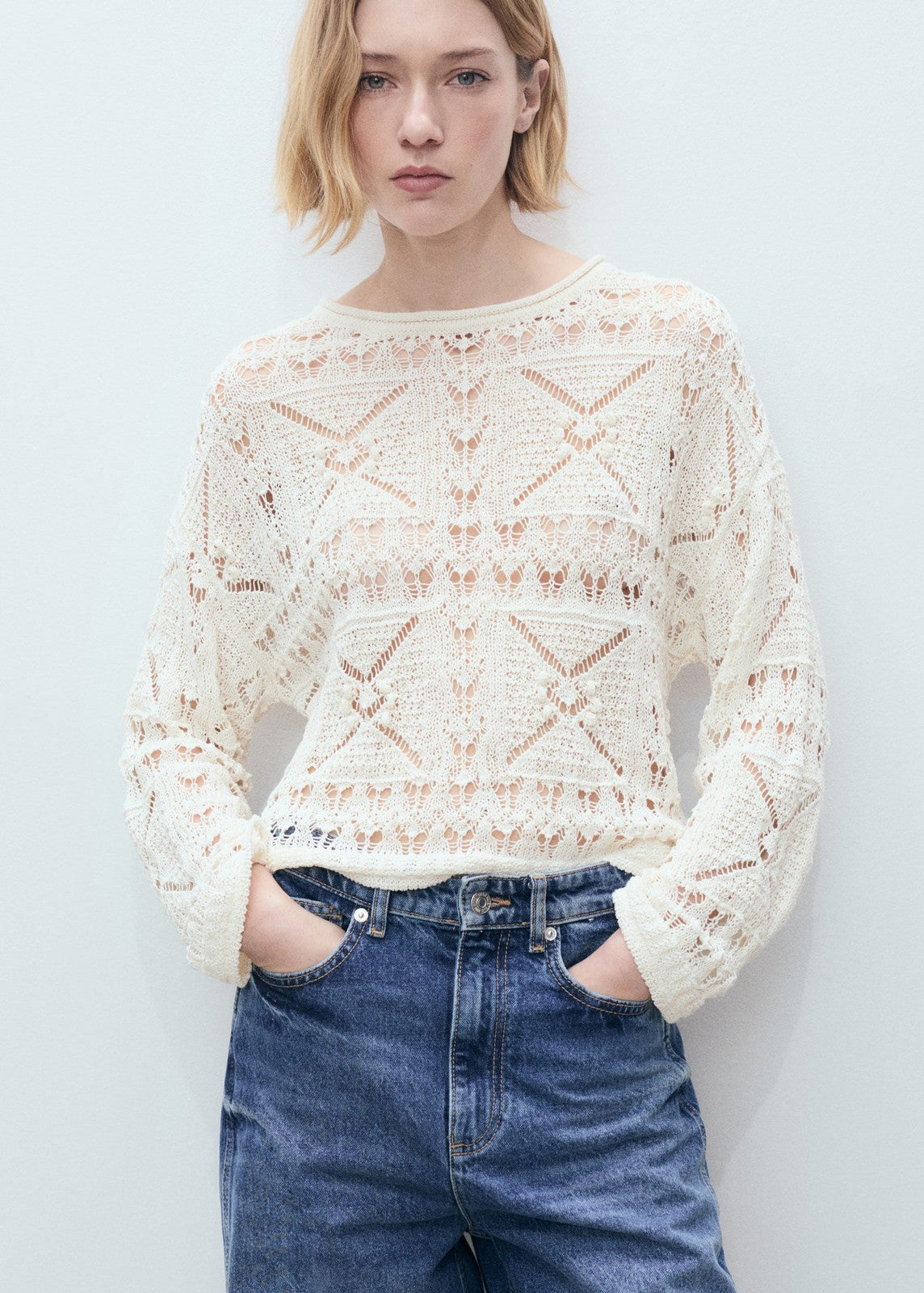 Mango Oversized openwork knitted sweater - Light Beige 2 Shaws Department Stores