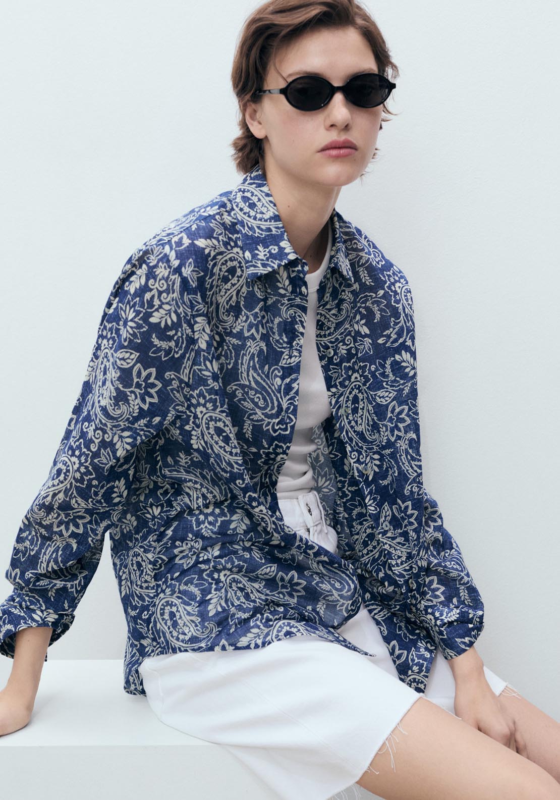 Mango Printed Cotton Shirt - Medium Blue 5 Shaws Department Stores