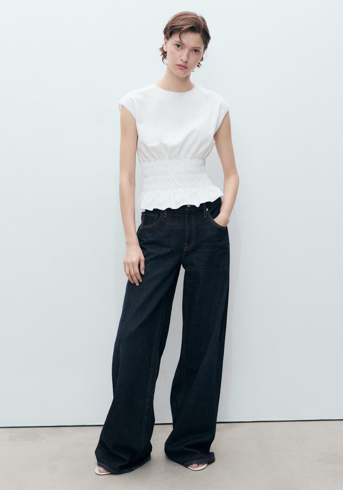 Mango Short Sleeve Gathered T-Shirt - White 5 Shaws Department Stores