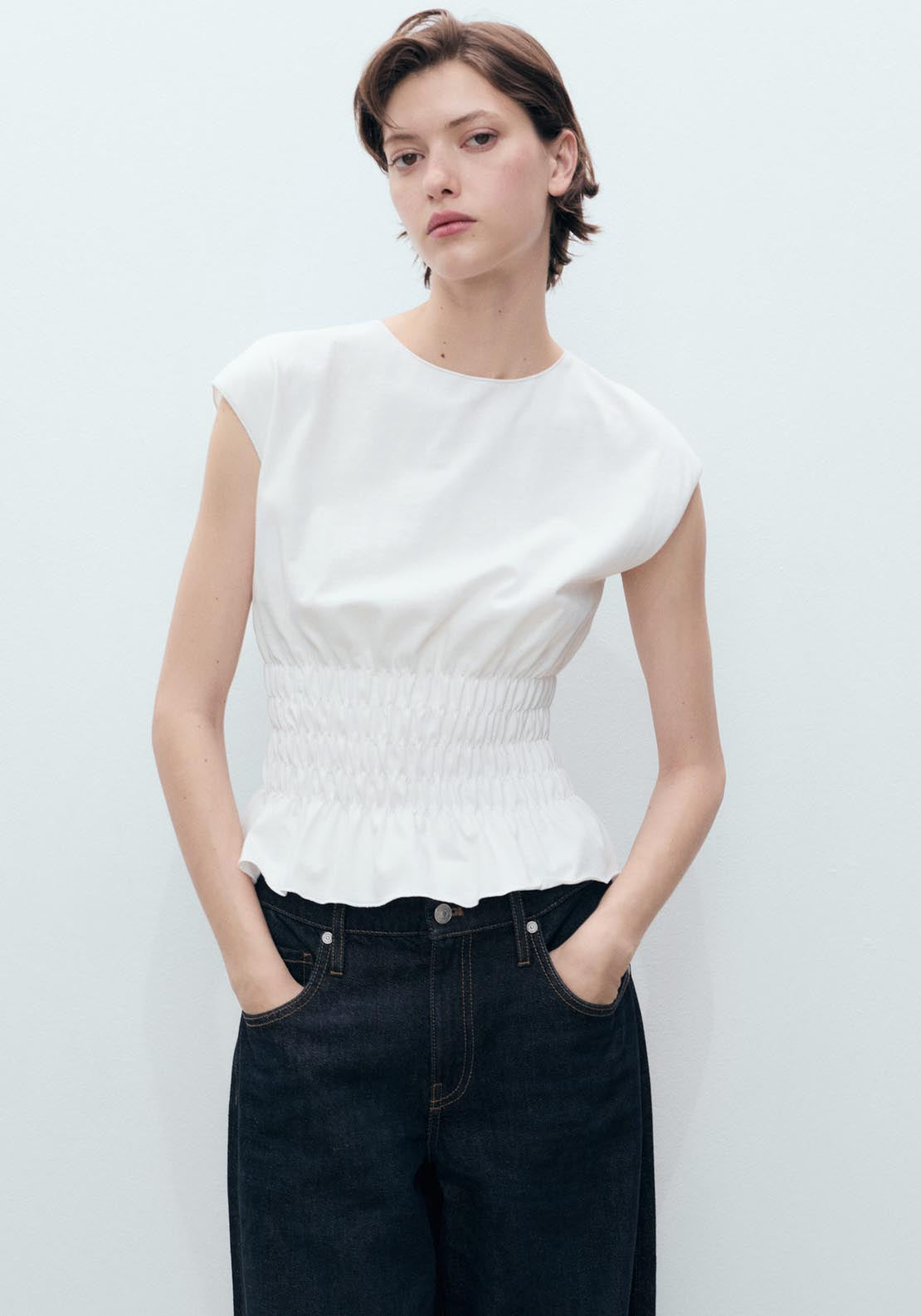 Mango Short Sleeve Gathered T-Shirt - White 1 Shaws Department Stores