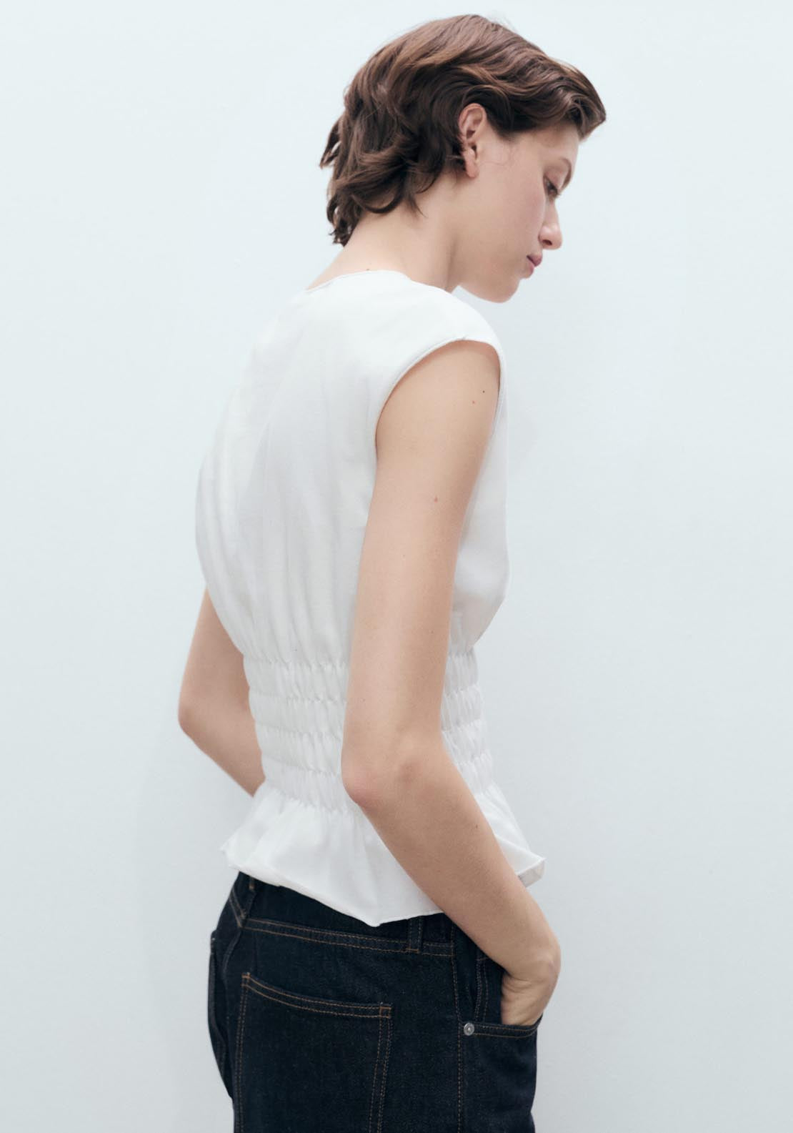 Mango Short Sleeve Gathered T-Shirt - White 3 Shaws Department Stores