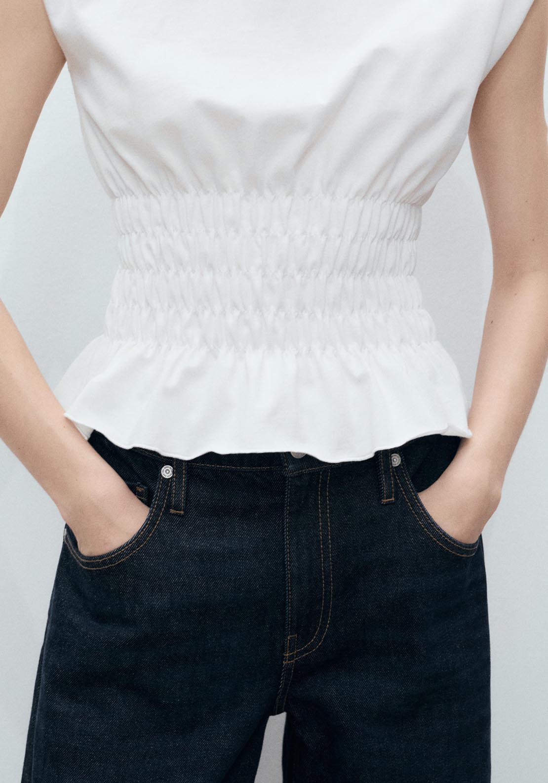 Mango Short Sleeve Gathered T-Shirt - White 4 Shaws Department Stores
