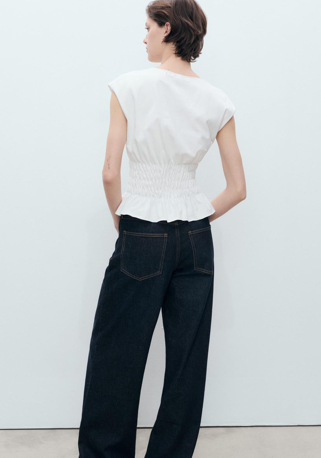 Mango Short Sleeve Gathered T-Shirt - White 2 Shaws Department Stores