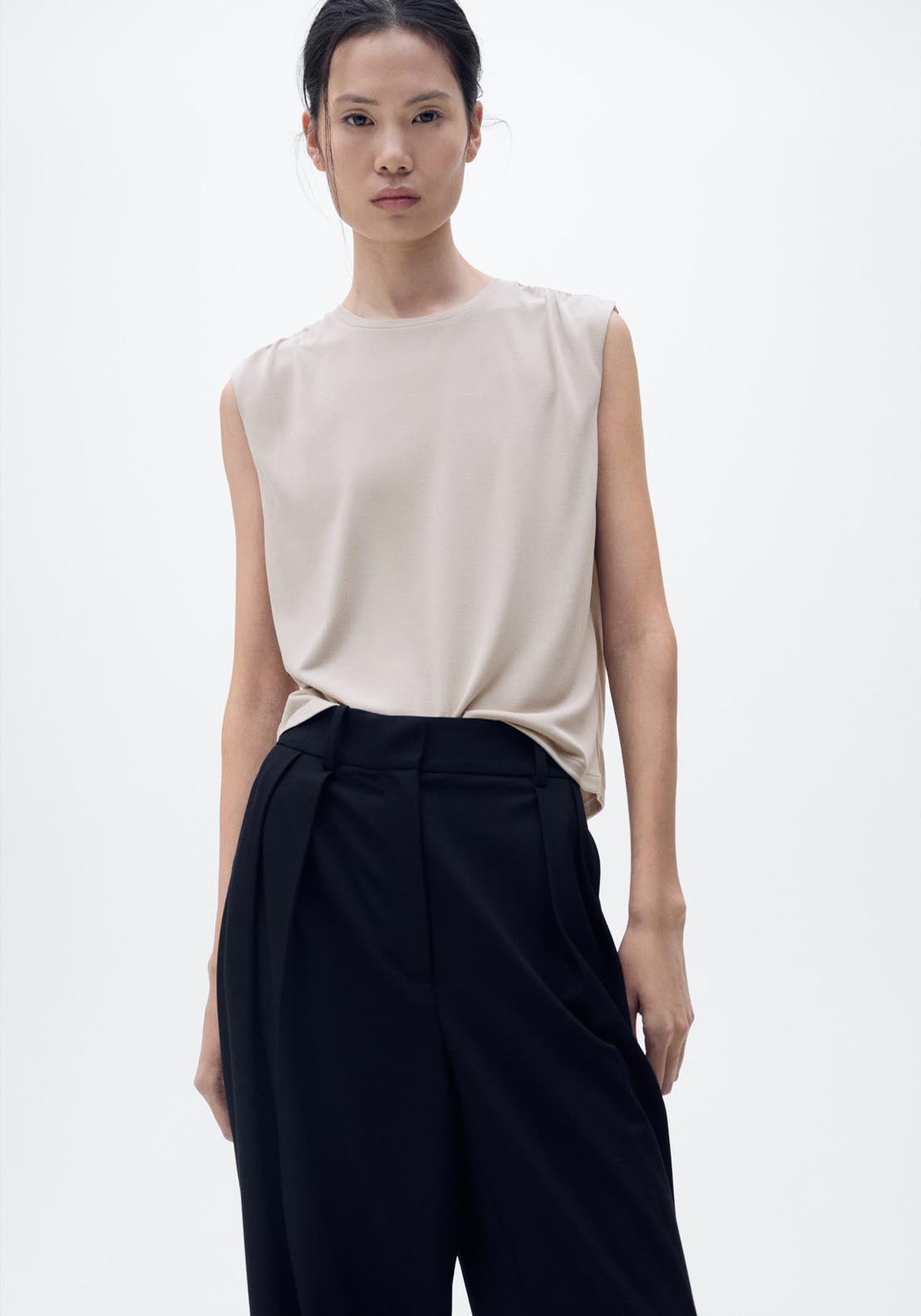 Mango Flowy T-Shirt With Gathered Shoulders - Light/pastel Gray 1 Shaws Department Stores