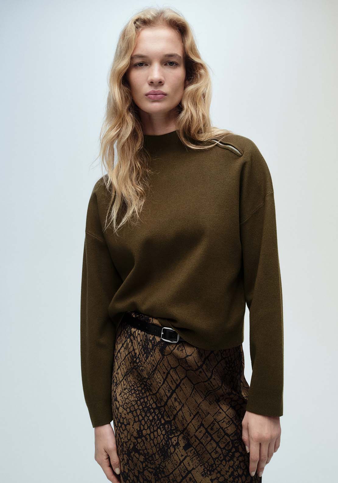 Mango Perkins-neck sweater with zip - Beige/khaki 1 Shaws Department Stores