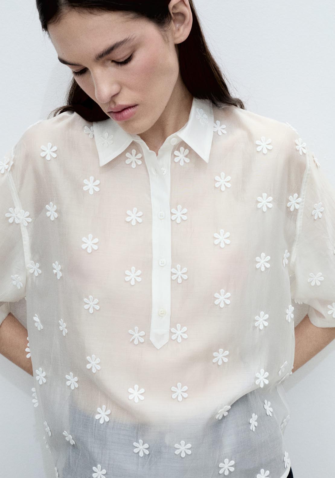 Mango Semi Transparent Lyocell Shirt With Flowers - White 4 Shaws Department Stores