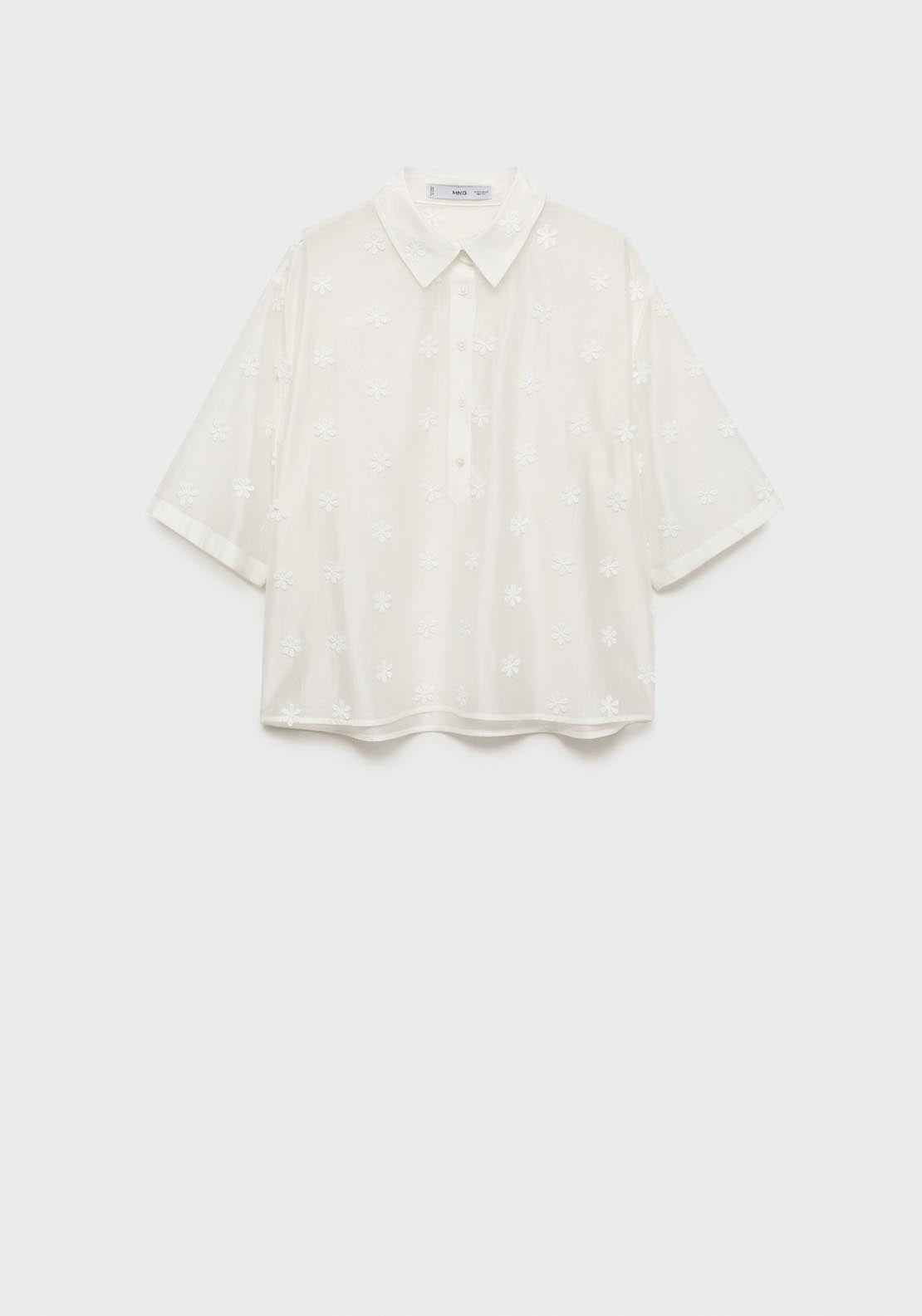 Mango Semi Transparent Lyocell Shirt With Flowers - White 7 Shaws Department Stores