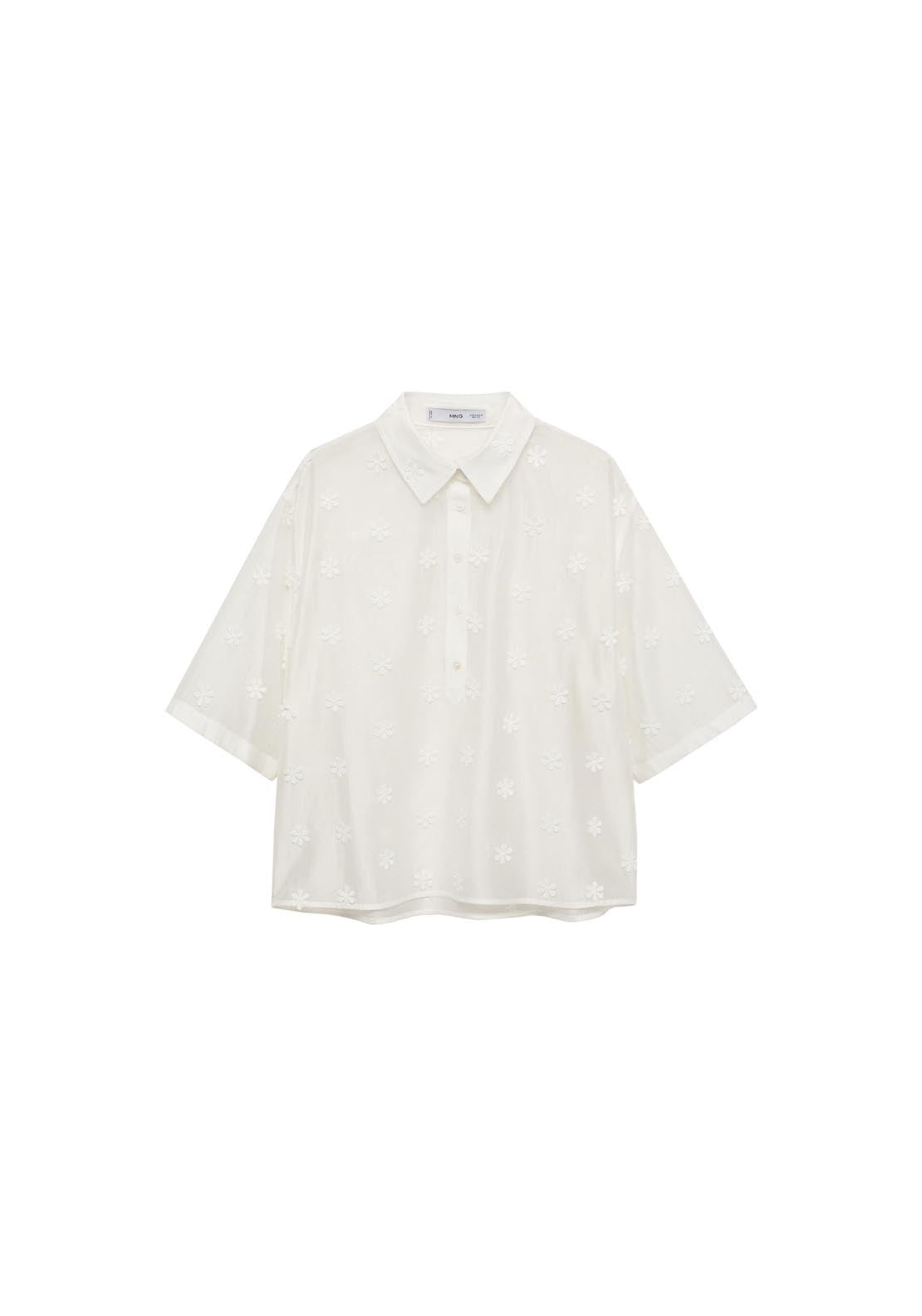 Mango Semi Transparent Lyocell Shirt With Flowers - White 8 Shaws Department Stores