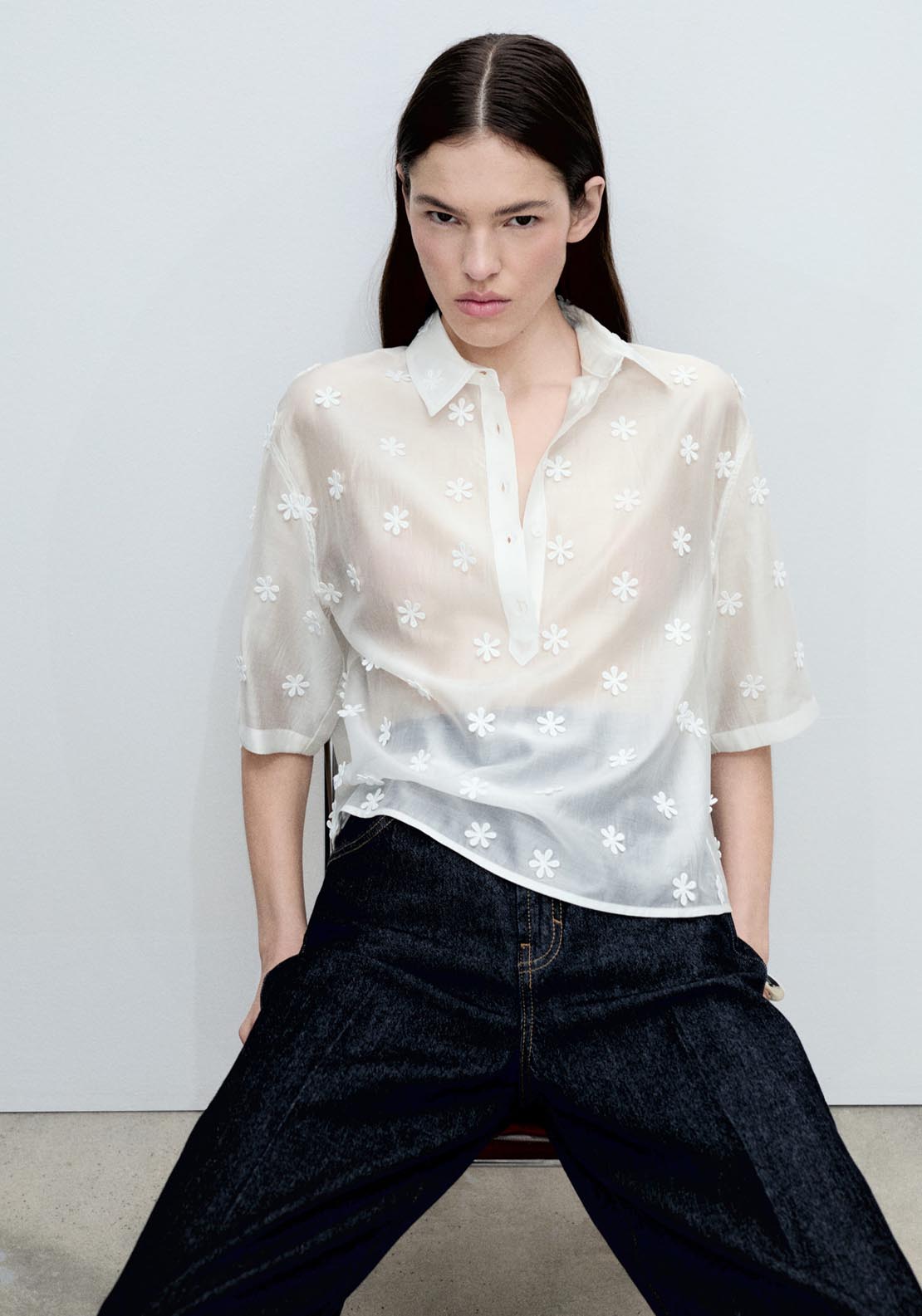 Mango Semi Transparent Lyocell Shirt With Flowers - White 1 Shaws Department Stores