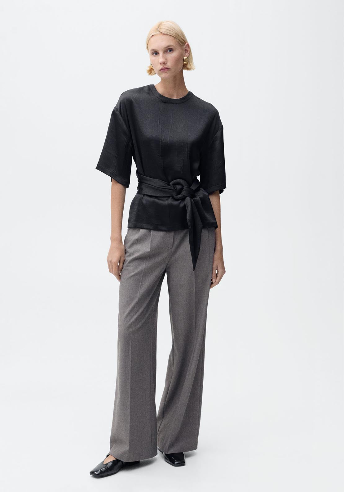 Mango Satin blouse with belt - Black 2 Shaws Department Stores