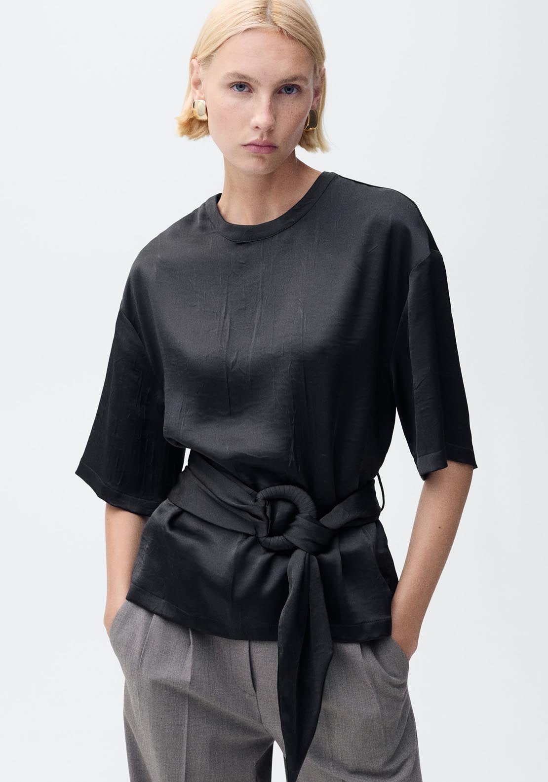 Mango Satin blouse with belt - Black 1 Shaws Department Stores