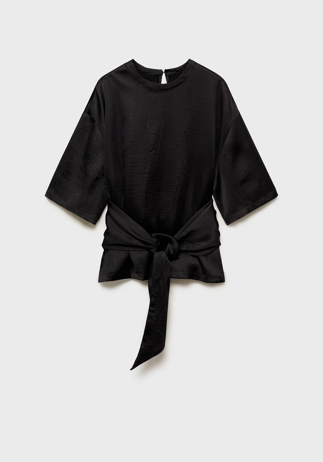 Mango Satin blouse with belt - Black 8 Shaws Department Stores
