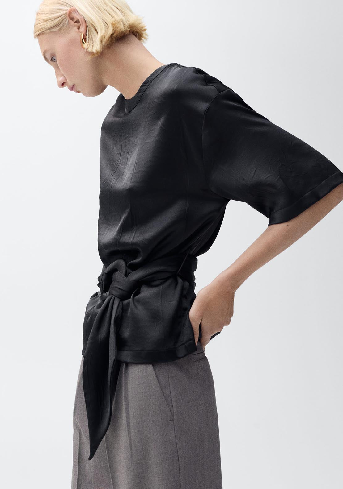 Mango Satin blouse with belt - Black 5 Shaws Department Stores