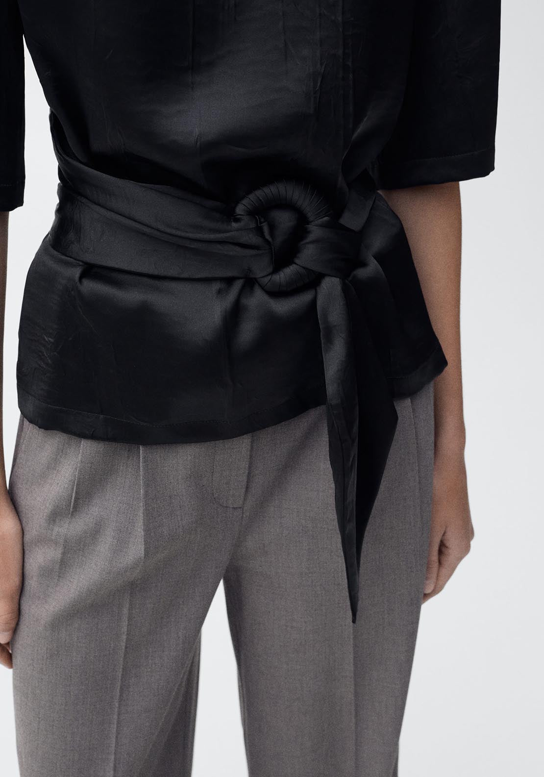 Mango Satin blouse with belt - Black 6 Shaws Department Stores