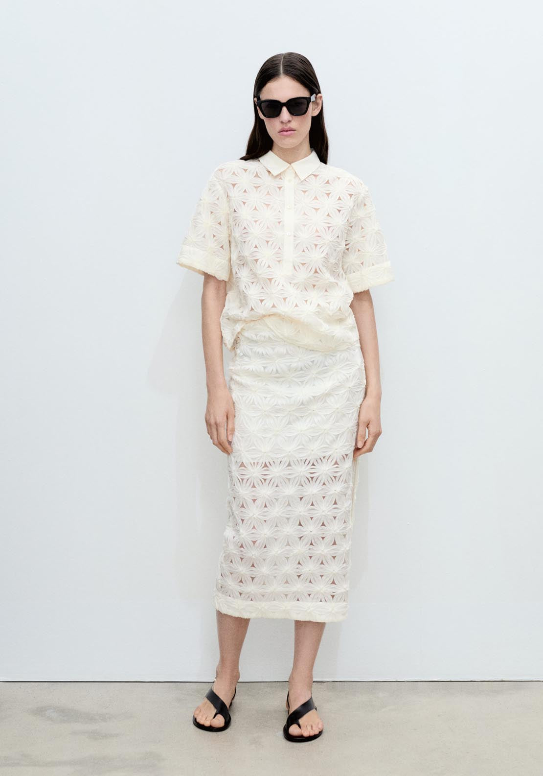 Mango Openwork Floral Textured Shirt - Light Beige 5 Shaws Department Stores