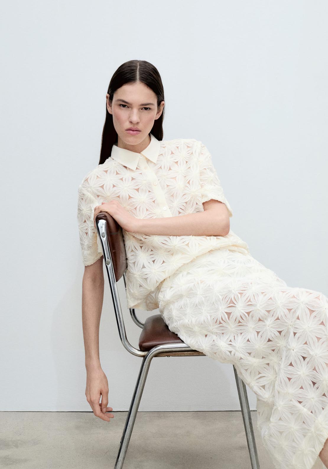 Mango Openwork Floral Textured Shirt - Light Beige 3 Shaws Department Stores