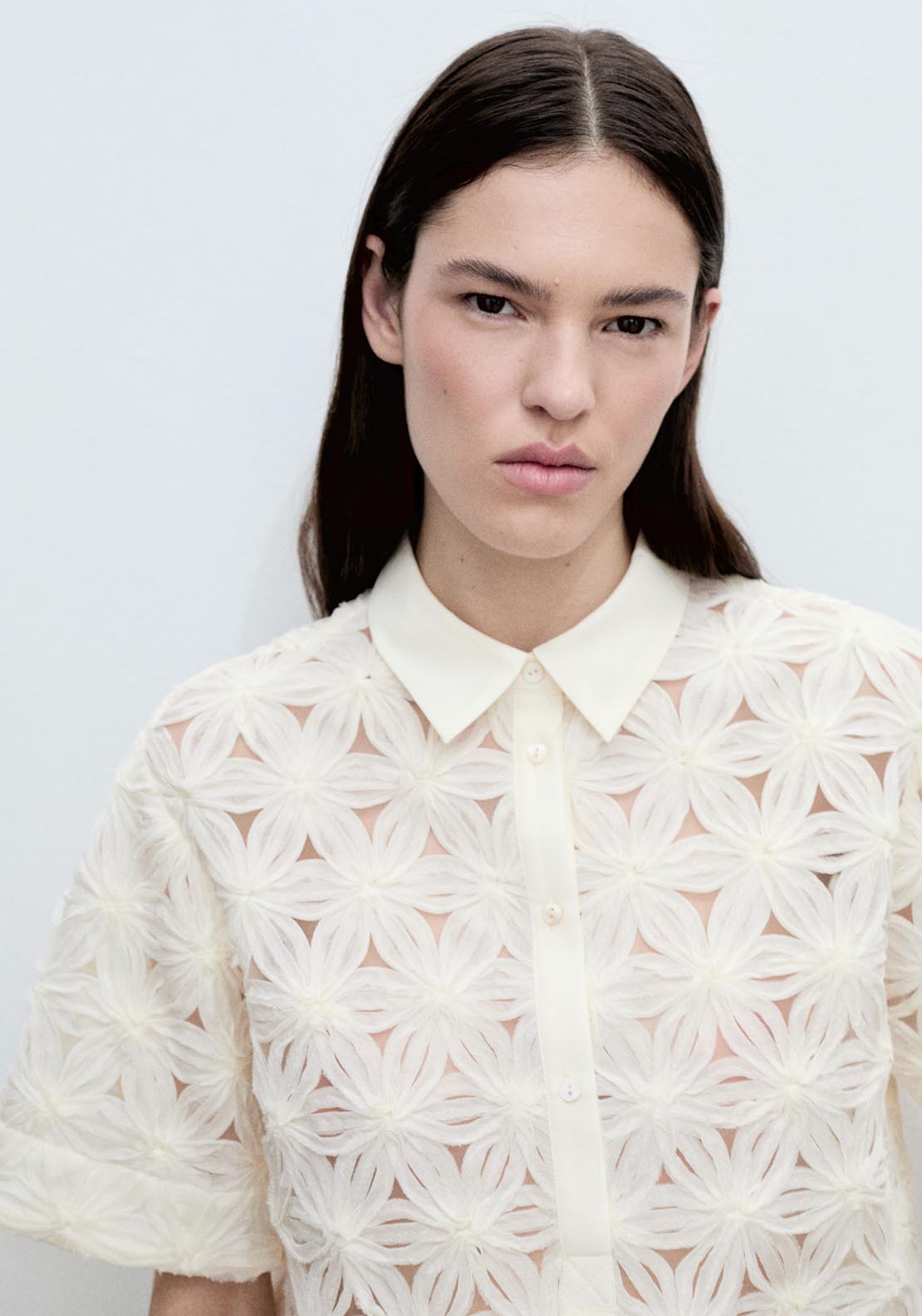 Mango Openwork Floral Textured Shirt - Light Beige 4 Shaws Department Stores