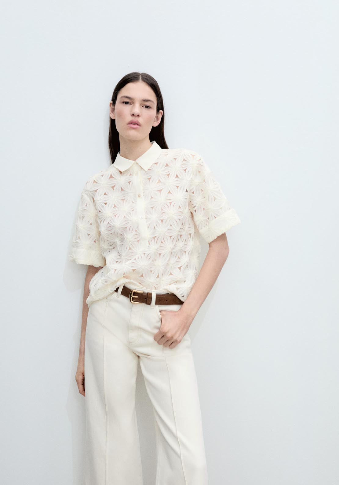 Mango Openwork Floral Textured Shirt - Light Beige 1 Shaws Department Stores