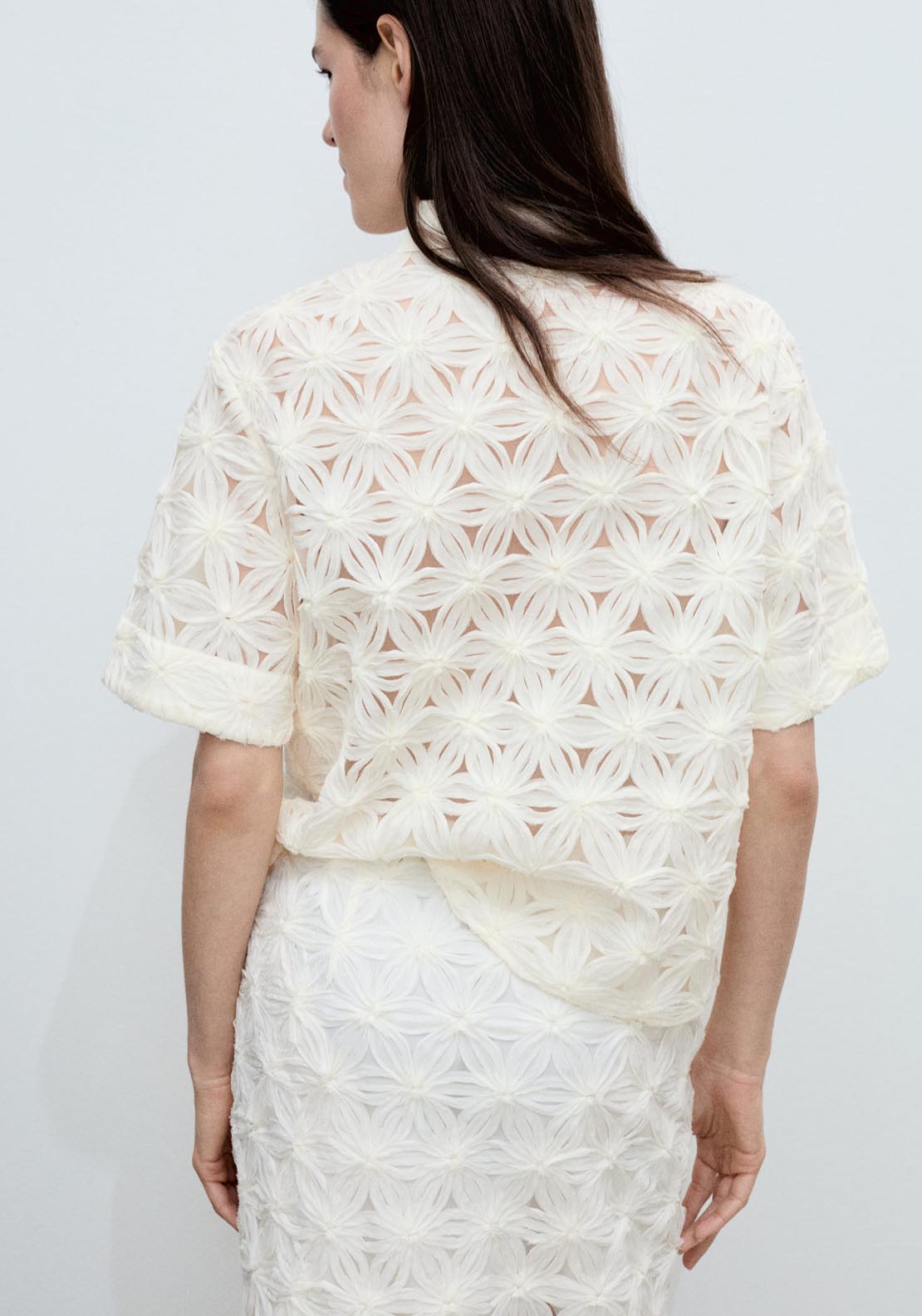 Mango Openwork Floral Textured Shirt - Light Beige 2 Shaws Department Stores
