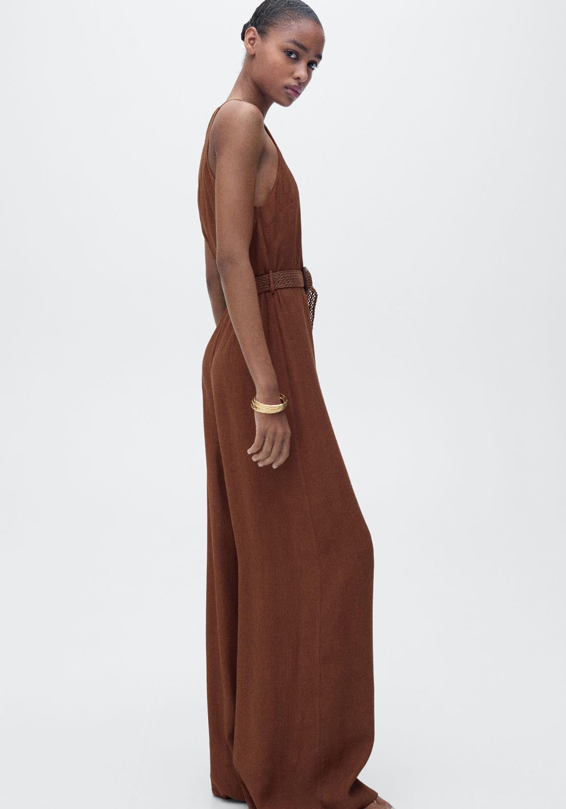 Mango Halter Neck Jumpsuit With Belt - Brown 3 Shaws Department Stores