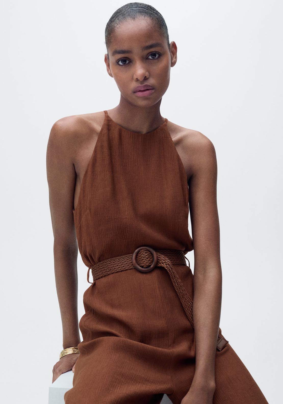 Mango Halter Neck Jumpsuit With Belt - Brown 4 Shaws Department Stores