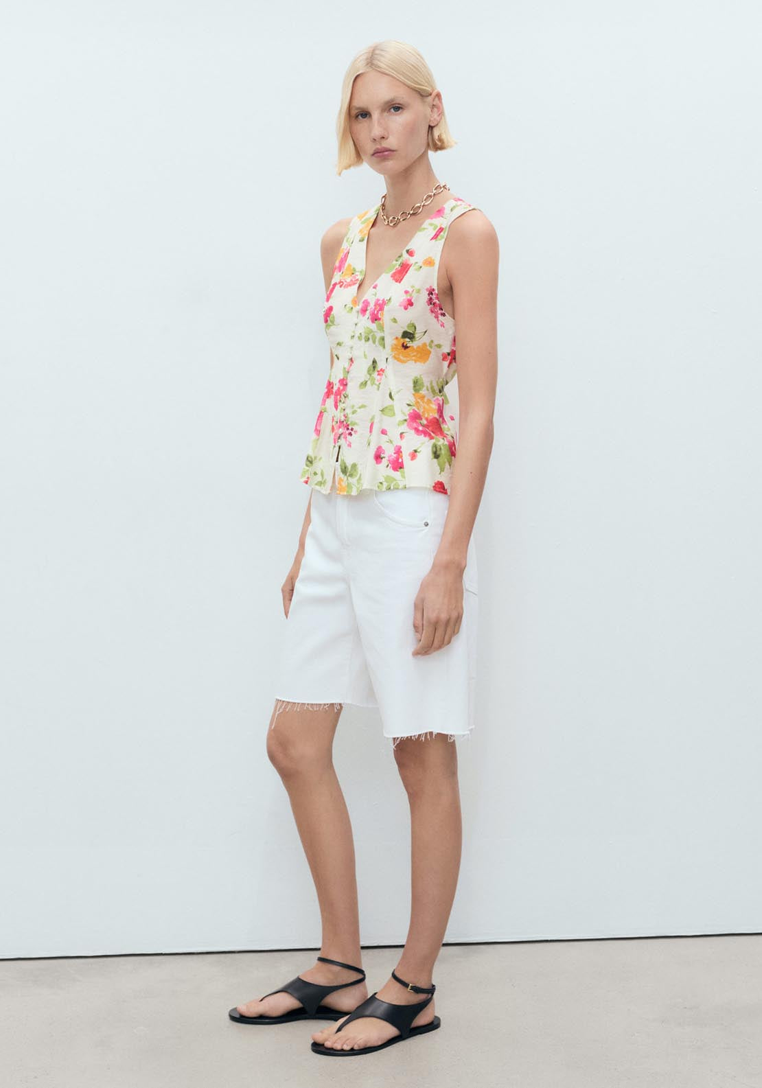 Mango Floral Button Down Fitted Blouse - Light Beige 3 Shaws Department Stores