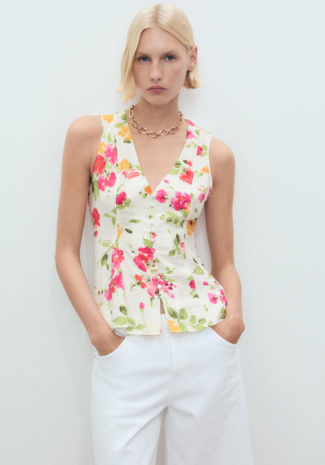 Mango Floral Button Down Fitted Blouse - Light Beige 1 Shaws Department Stores