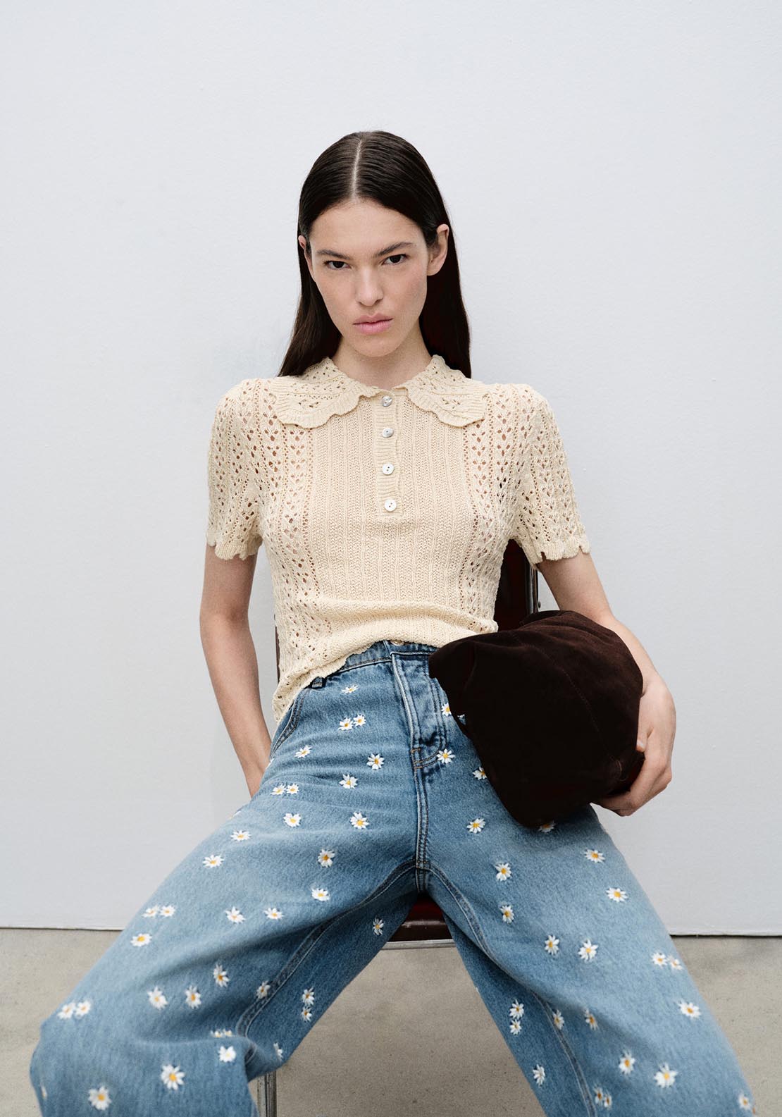 Mango Flower embroidered wideleg jeans - Open Blue 4 Shaws Department Stores
