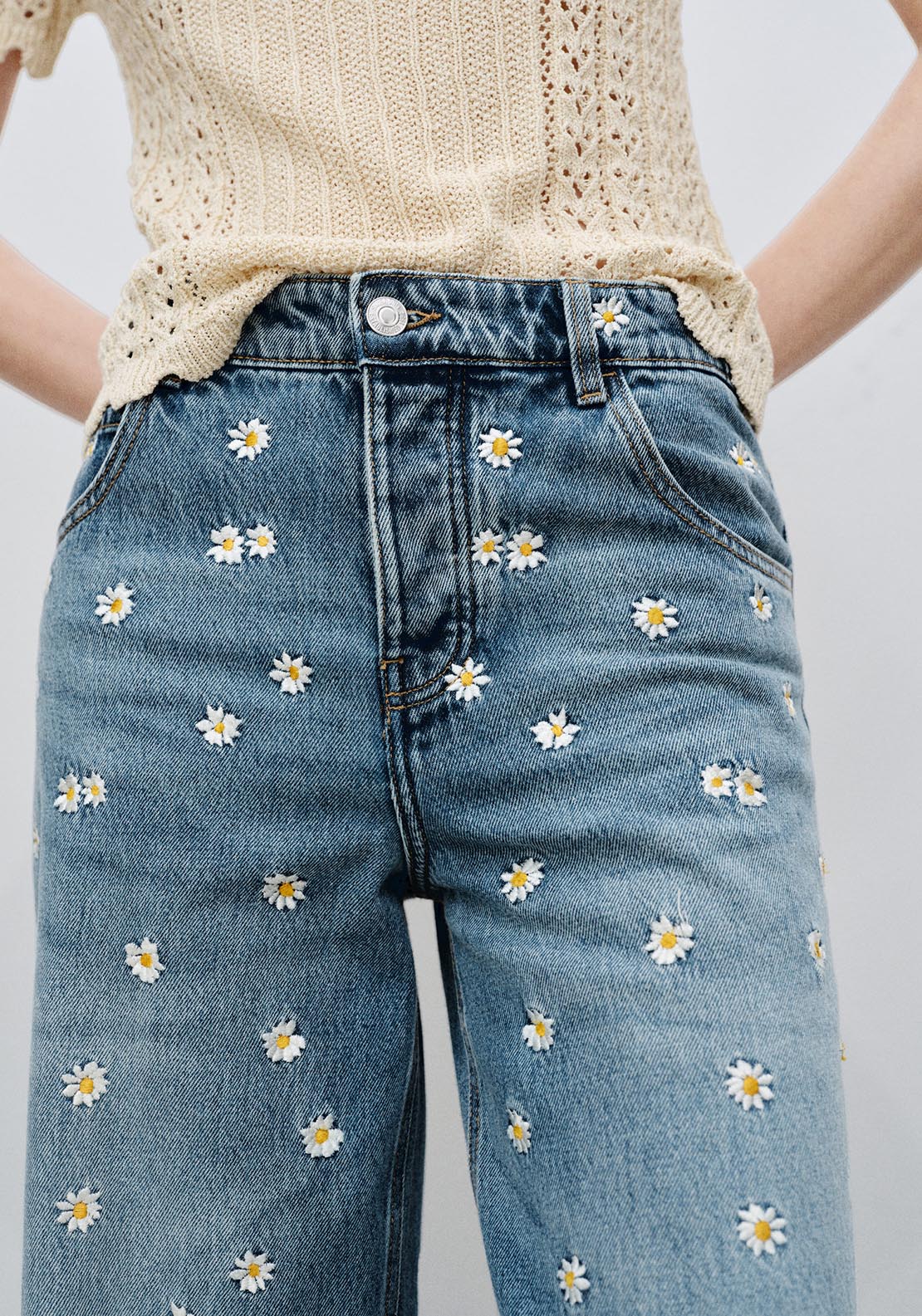 Mango Flower embroidered wideleg jeans - Open Blue 5 Shaws Department Stores