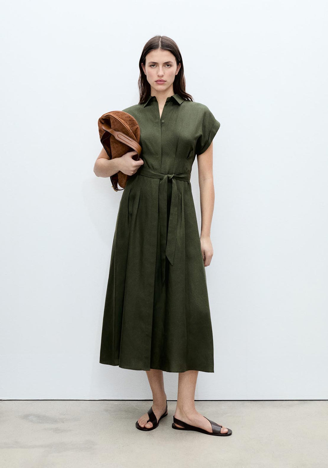 Linen and lyocell blend belted shirt dress