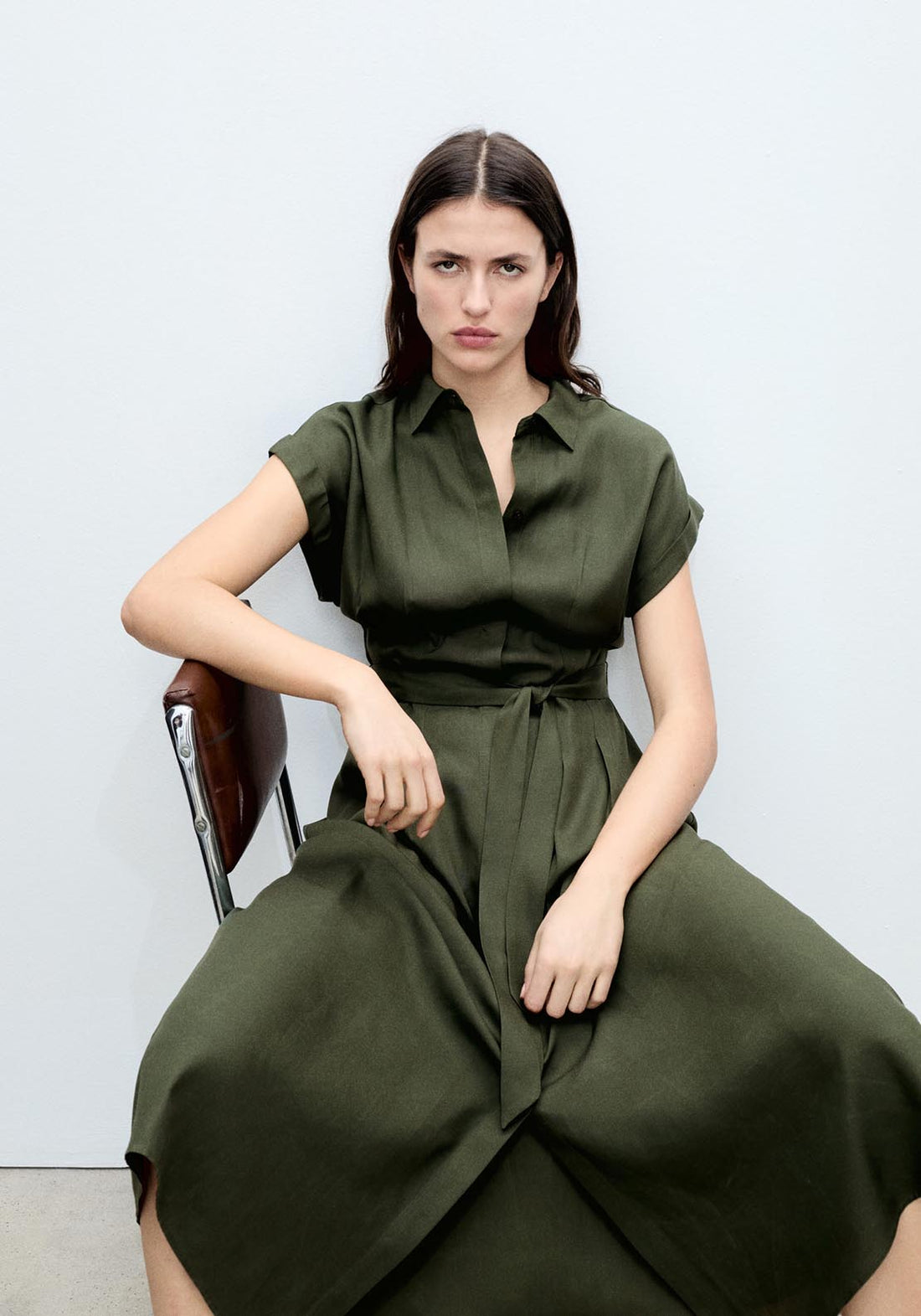 Linen and lyocell blend belted shirt dress - Green Shaws Linen and lyocell blend belted shirt dress - Green Shaws