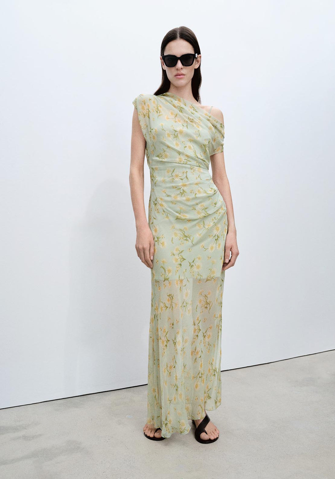 Semi-transparent draped floral dress - Green