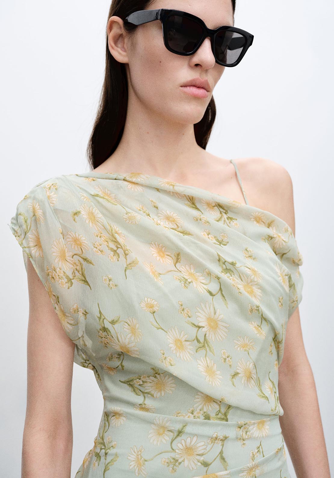 Mango Semi-transparent draped floral dress - Light/pastel Green 1 Shaws Department Stores