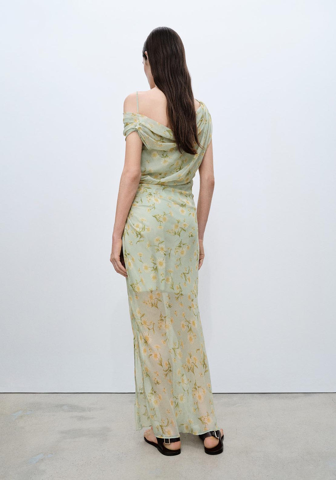 Semi-transparent draped floral dress - Green Shaws Semi-transparent draped floral dress - Green Shaws