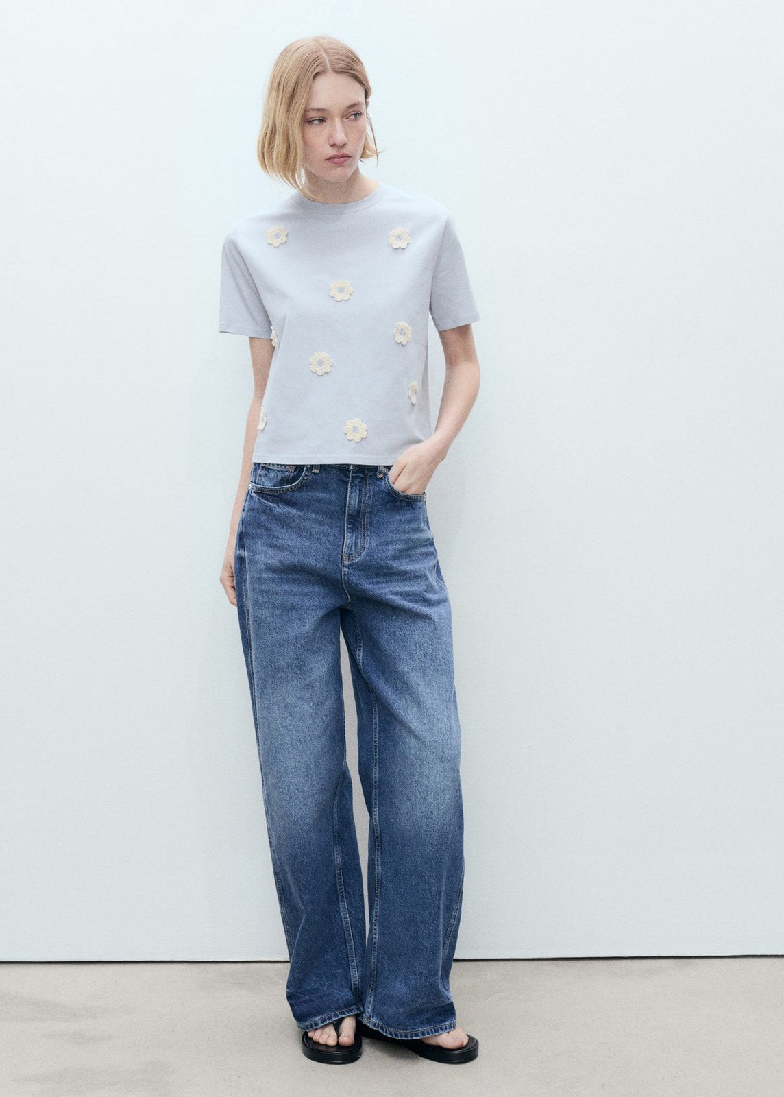 Mango Cotton T-shirt with flower detail - Medium Blue 2 Shaws Department Stores
