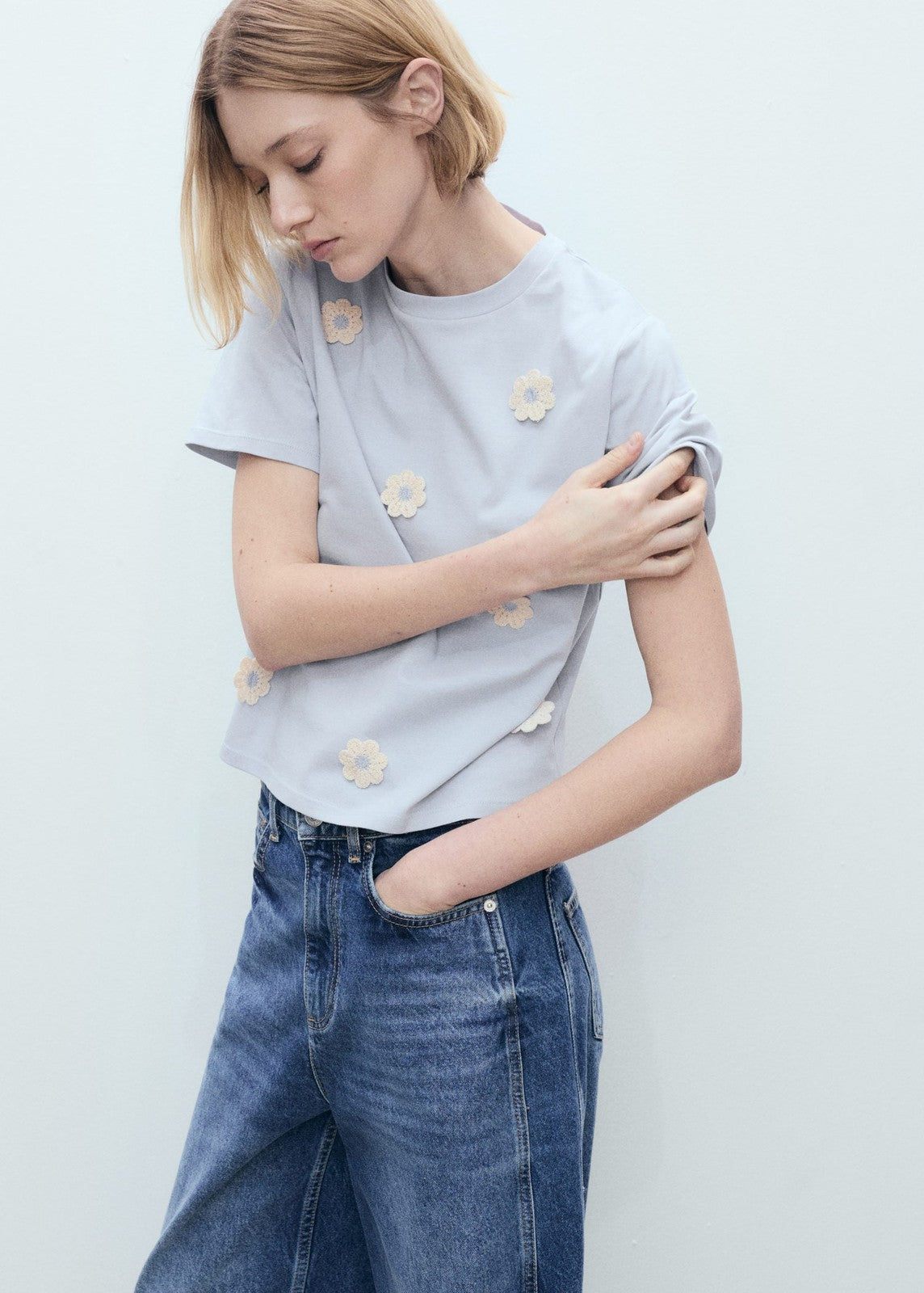 Mango Cotton T-shirt with flower detail - Medium Blue 1 Shaws Department Stores