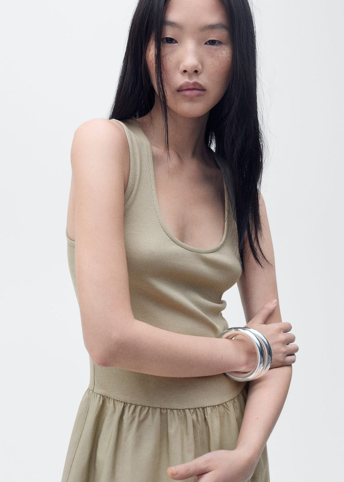 Flared dress in combined fabric - Green Flared dress in combined fabric - Green