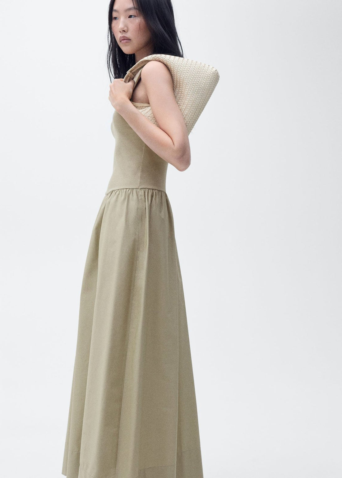 Flared dress in combined fabric - Green Flared dress in combined fabric - Green