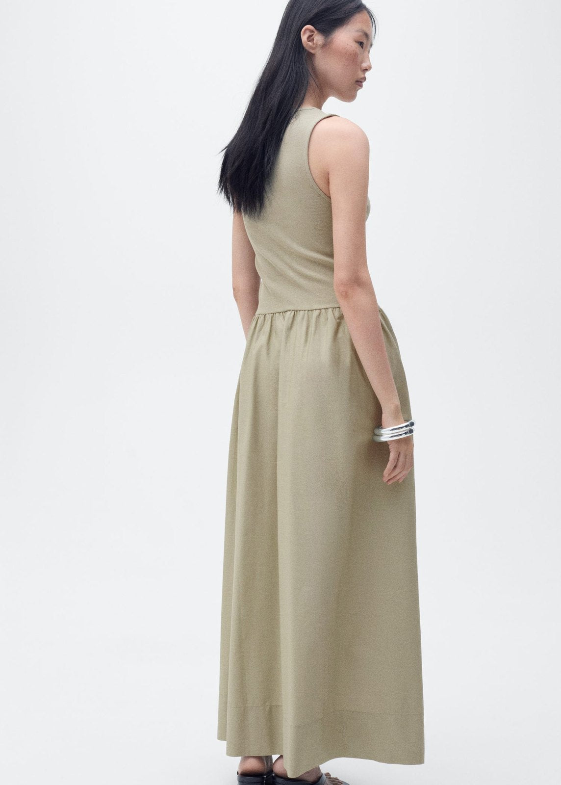 Mango Flared dress in combined fabric - Beige/khaki 2 Shaws Department Stores