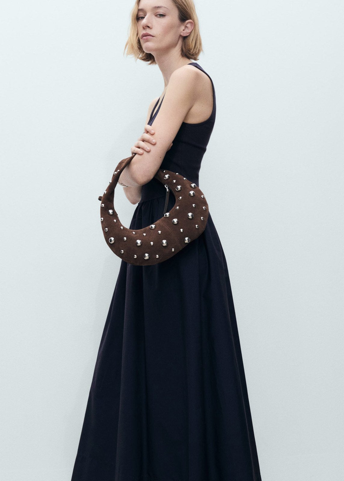 Mango Flared dress in combined fabric - Navy 1 Shaws Department Stores
